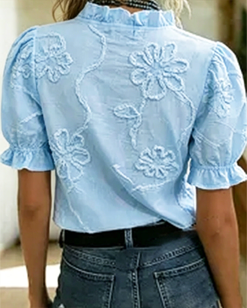 V-Neck Ruffle Trim Puff Sleeve Blouse
