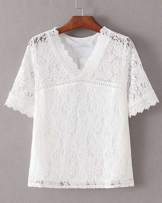 Solid Color Short Sleeve Lace Blouse