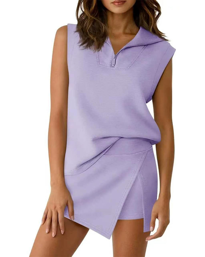 Zipper Sleeveless Top Skort Two-Piece Set