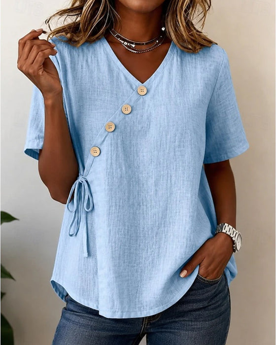 V-Neck Button Cross Tie Blouse