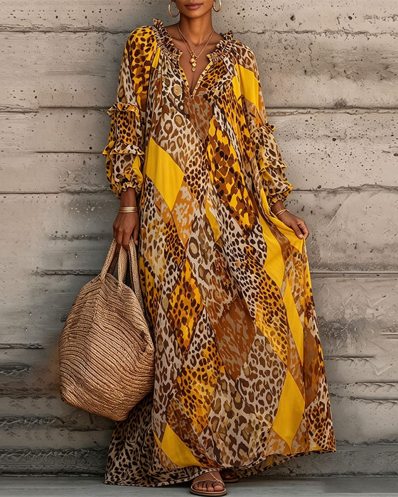 Leopard Color Block Ruffle V-Neck Dress