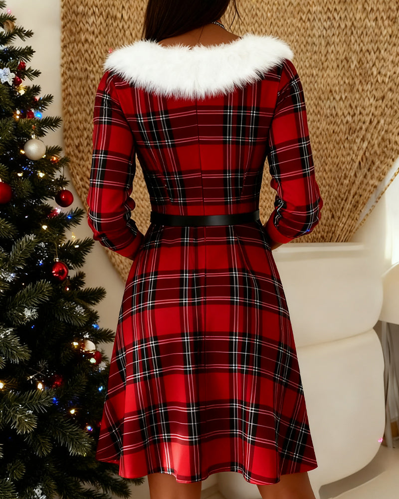 Plush V-Neck Plaid Dress
