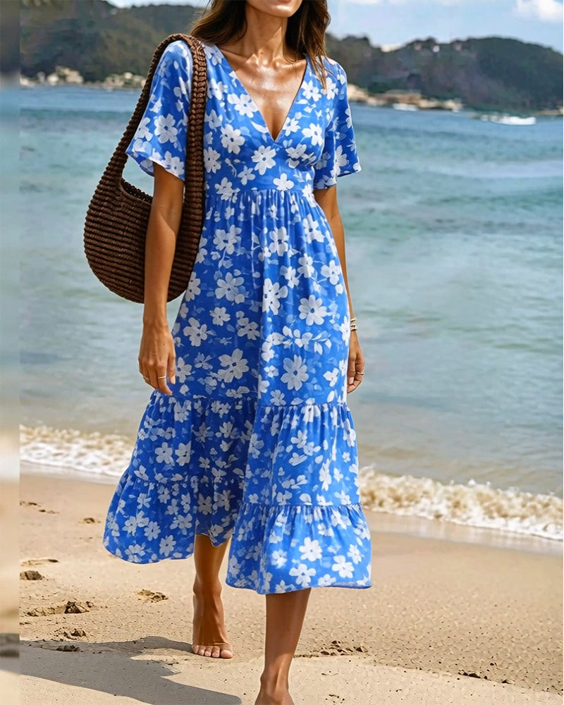 Deep V-Nee Pleated Print Dresses