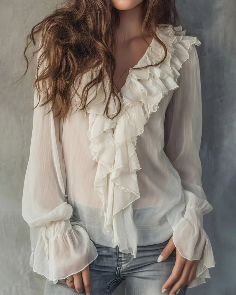 Stylish V-Neck Ruffled Blouse