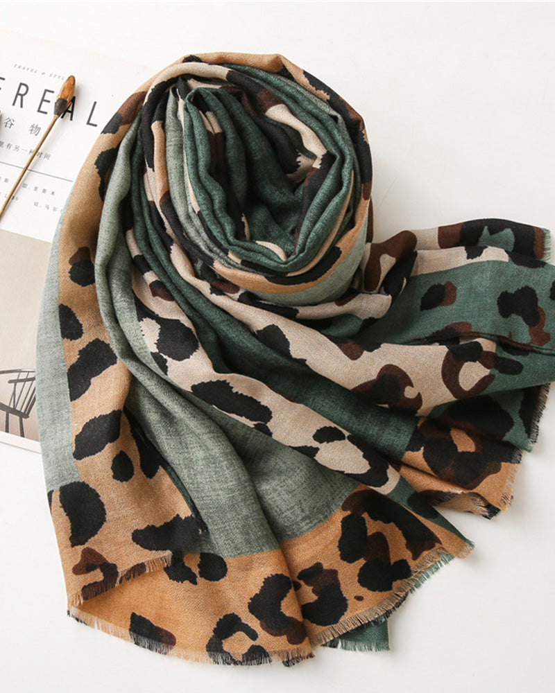 Women's Leopard Patchwork Print Fringe Shawl Scarf