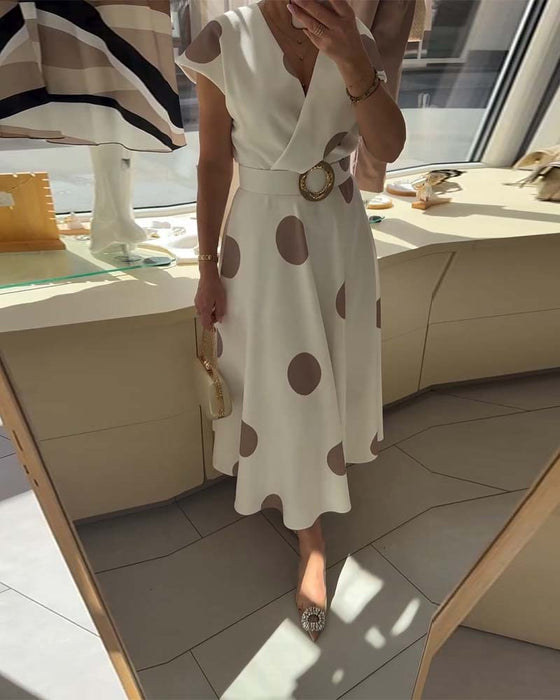 Polka Dot V-Neck Waist-Cinching Dress