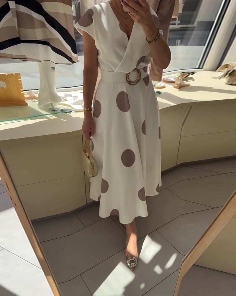 Polka Dot V-Neck Waist-Cinching Dress