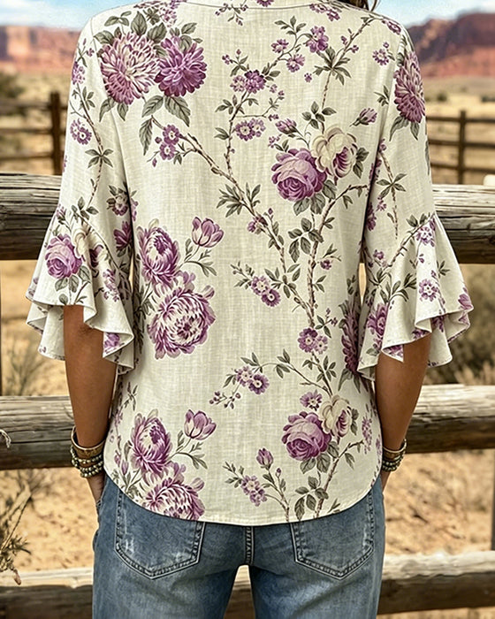 Rose Print Bell Sleeve Blouse