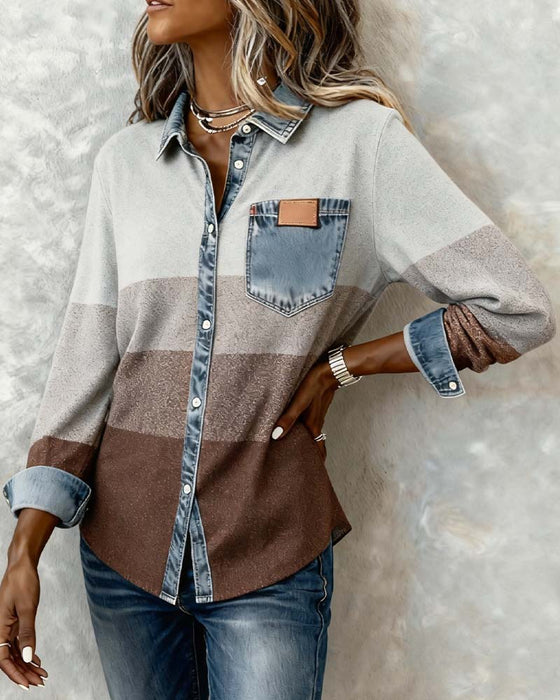 Denim Patchwork Button-Down Shirt
