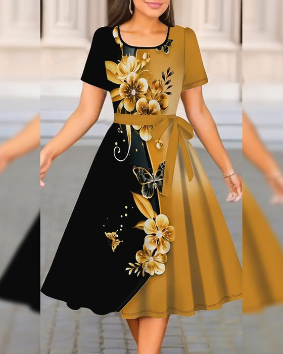 Color Block Floral Print Dress