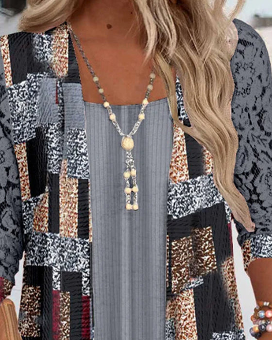 Faux Two-Piece Printed Long-Sleeved Blouse