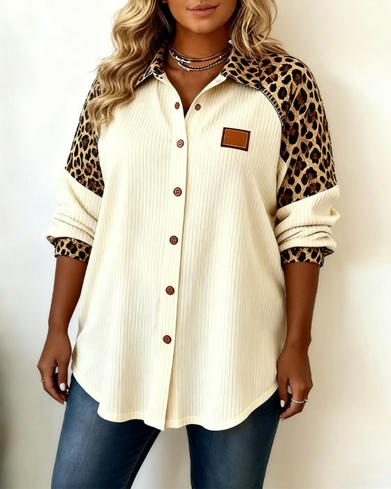 Plus-Size Leopard Print Patchwork Shirt