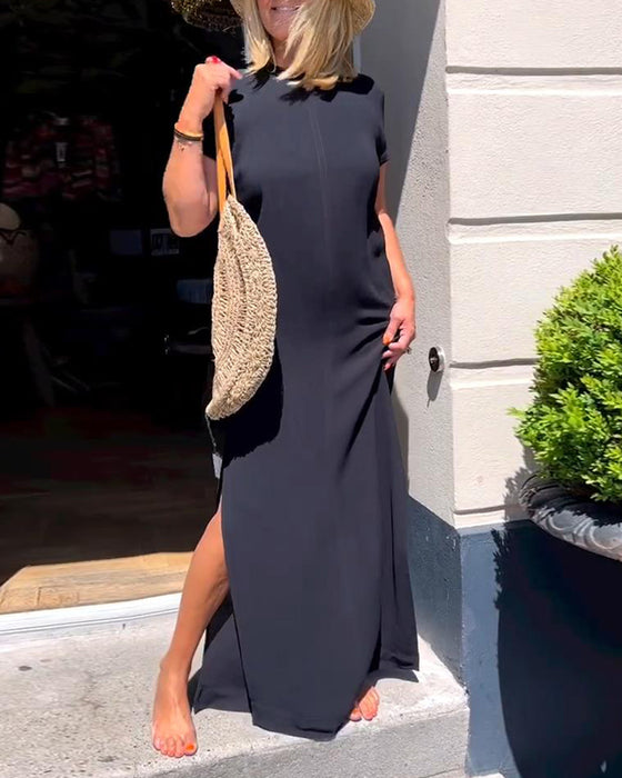 Solid color short sleeve elegant dress