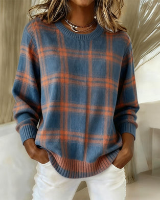 Long Sleeve Plaid Round Neck Jumper