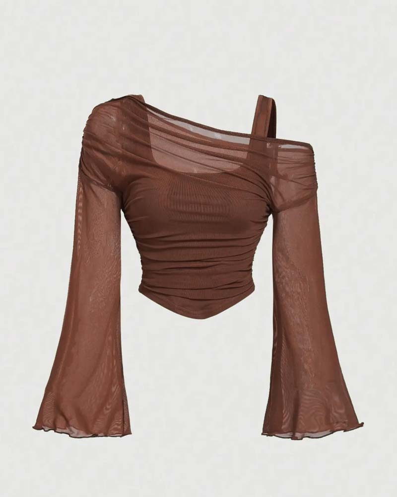 Mesh Ruffled Long Sleeve Cami Blouse