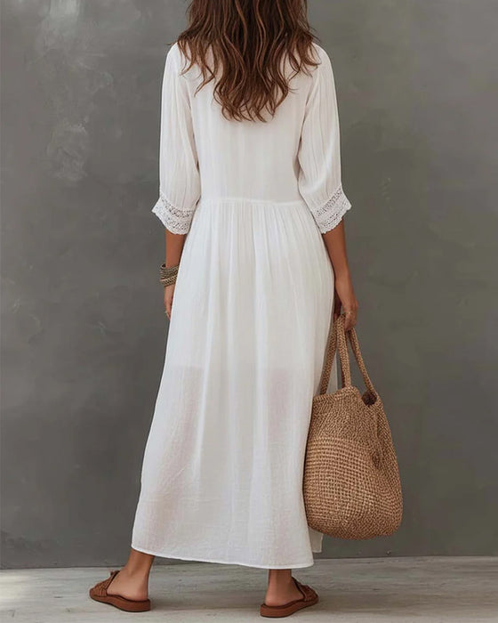 Short Sleeve Lace Trim Lapel Long Dress