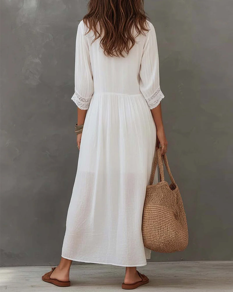 Short Sleeve Lace Trim Lapel Long Dress