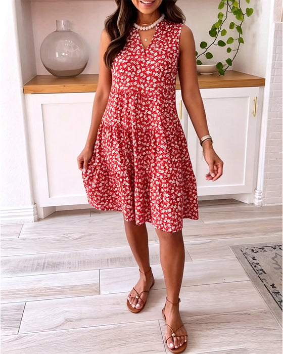 V-Neck Sleeveless Floral A-Line Dress