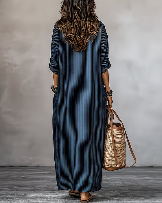 V-Neck Striped Pocket Shirt Dress