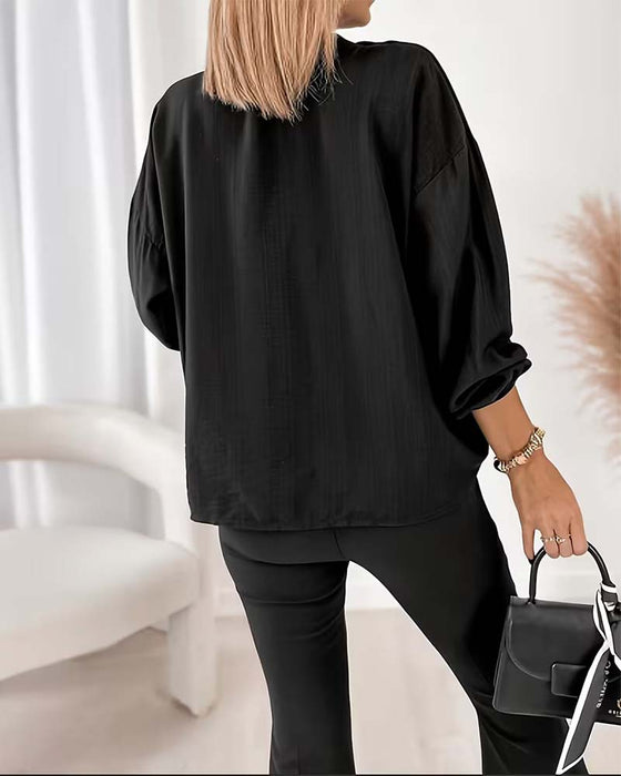 V-Neck Solid Color Blouse