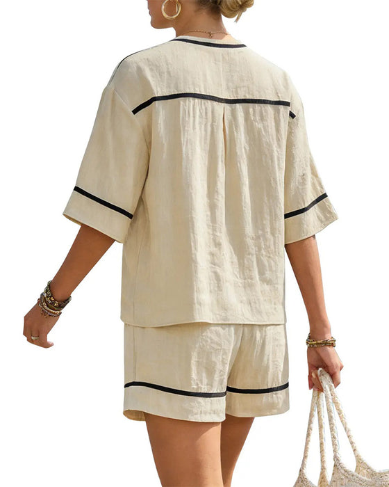 V-Neck Contrast Casual Loose Set