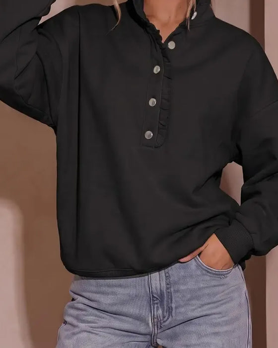 Ruffled Buttoned Long-Sleeved Loose Sweatshirt