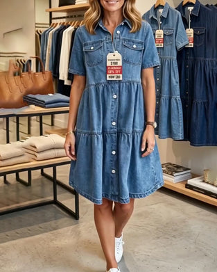 Denim Ruffle Tier Short Sleeve Dress