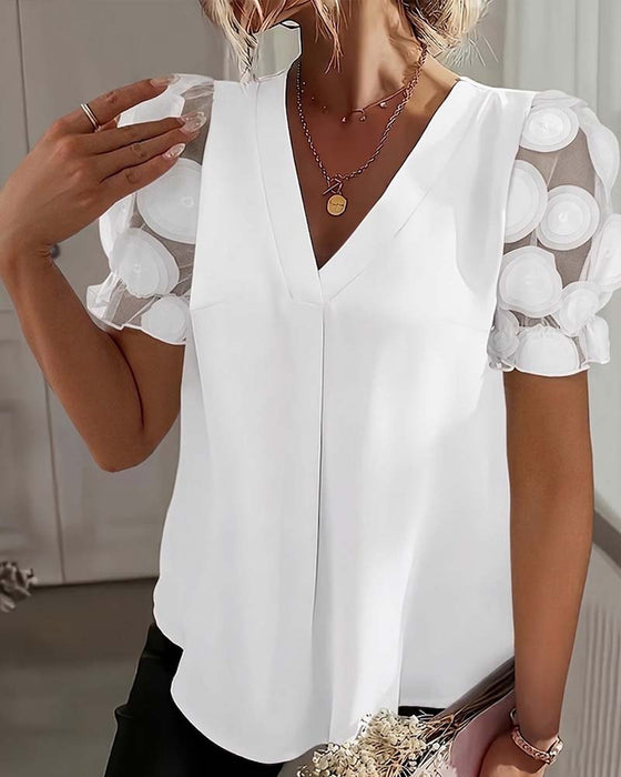 Puff Sleeve Mesh V-Neck Blouse