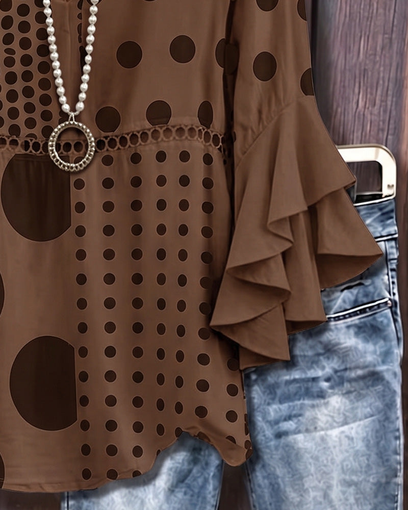 Mixed Polka Dot Patchwork Ruffle Blouse
