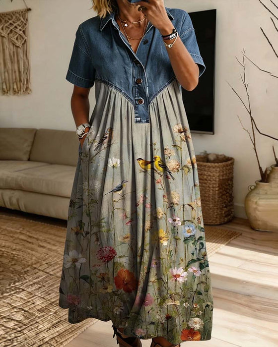 Shirt Collar Floral Denim Patchwork Dress