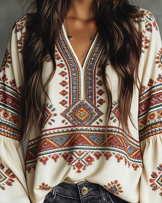 Ethnic Geometric Print Lantern Sleeve Blouse
