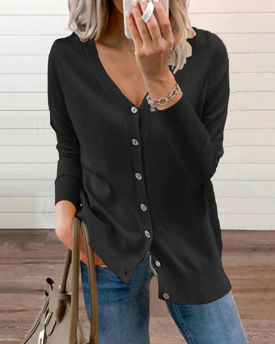 Plain Knitted Top With Button Closure And V-Neck For Women