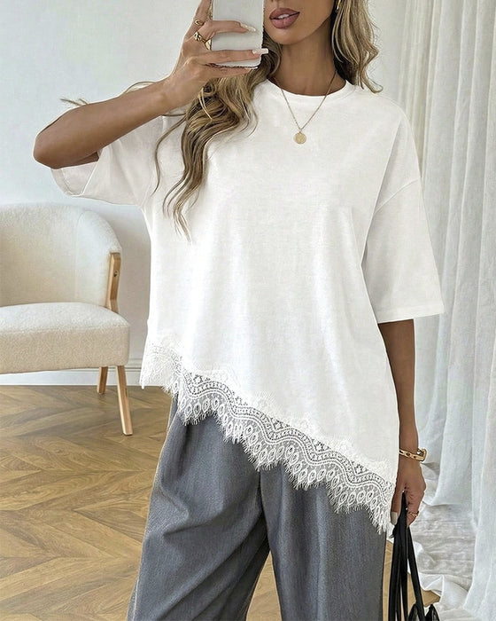 Asymmetrical Lace Spliced Hem Short Sleeve Blouse