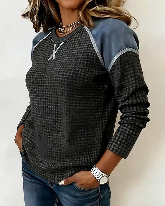 Waffle-Knit Raglan Sleeve Color-Block Top