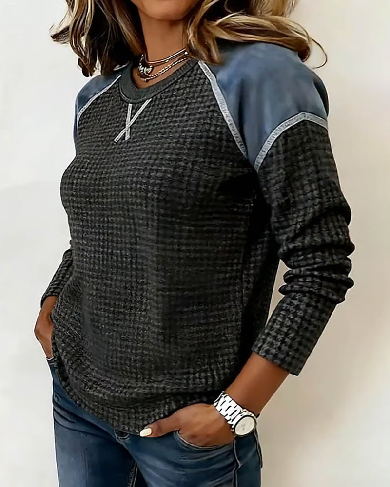 Waffle-Knit Raglan Sleeve Color-Block Top