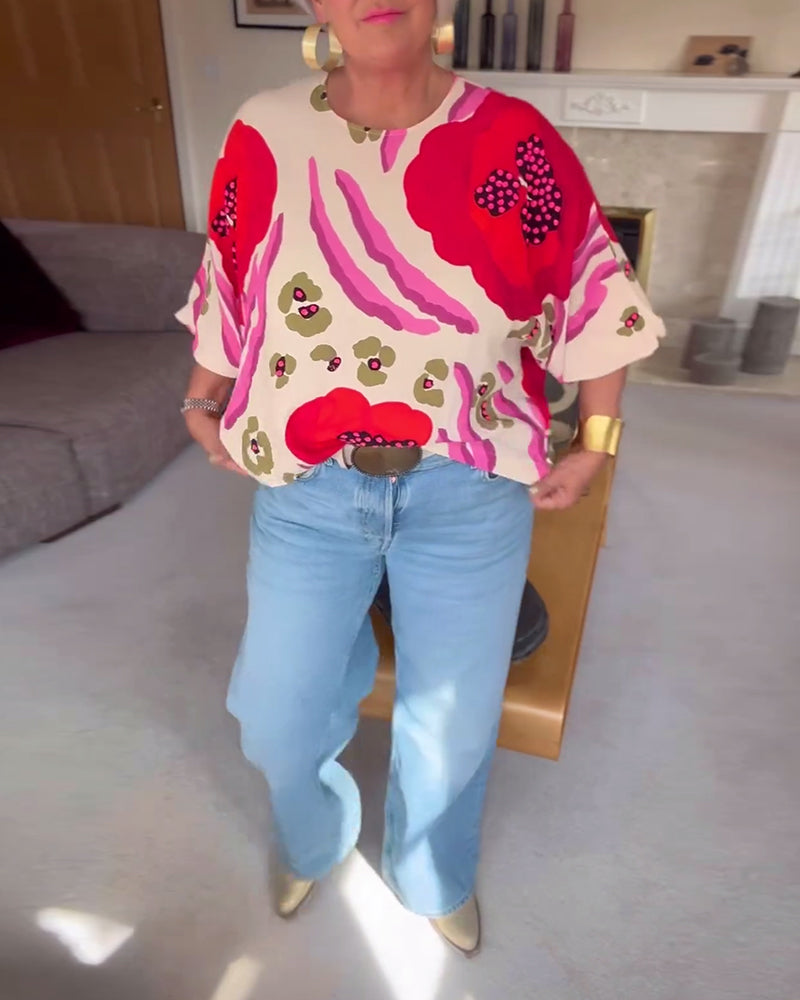 Round neck printed half-sleeve casual top