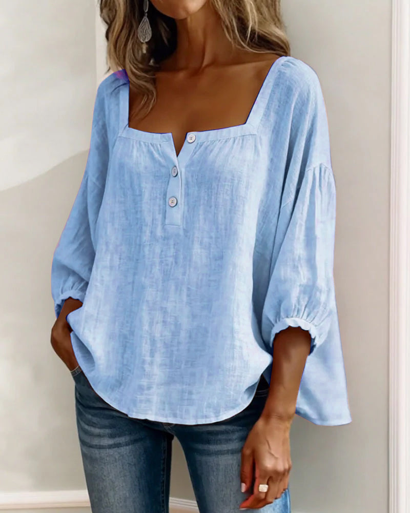 Simple Square Neck Long Sleeve Blouse