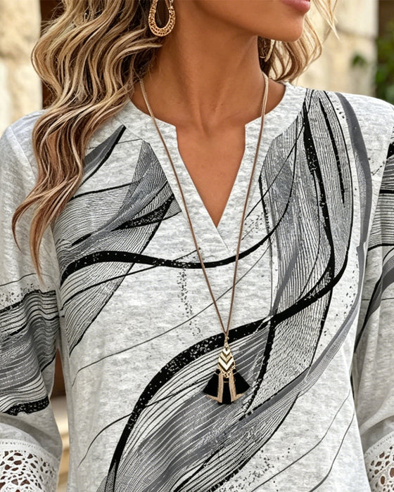 Abstract Print Lace Hem T-Shirt