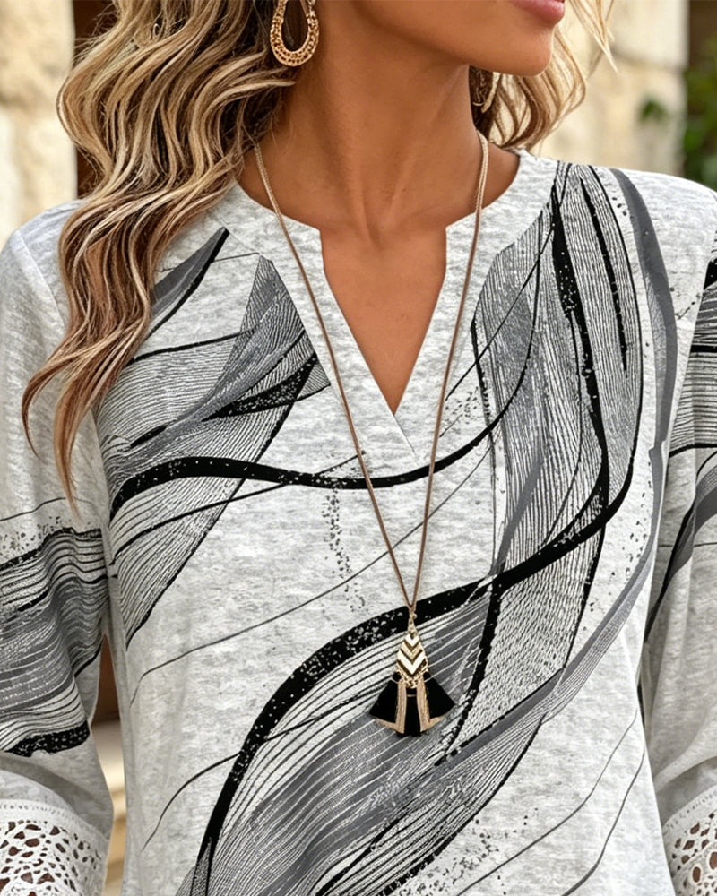 Abstract Print Lace Hem T-Shirt