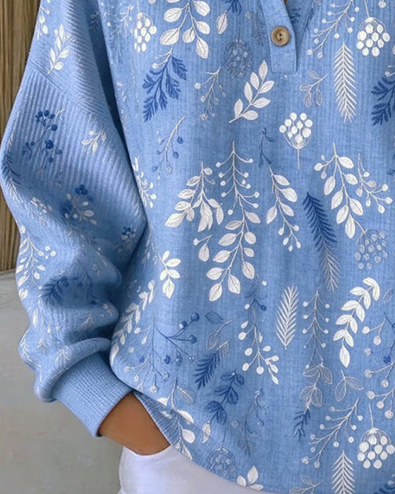 Waffle Henry Collar Floral Print Sweatshirt