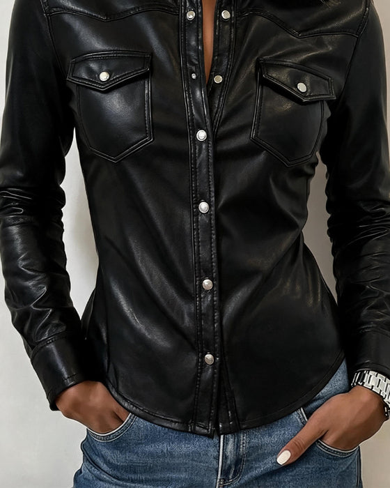 Lapel Button Front Pocket Long Sleeve Blouse