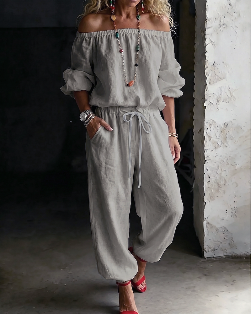 Off-Shoulder Tie Waist Cinched Waist Jumpsuit