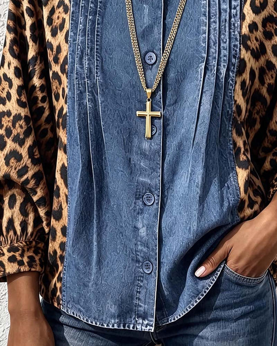 Crew Neck Button Leopard Denim Patchwork Blouse