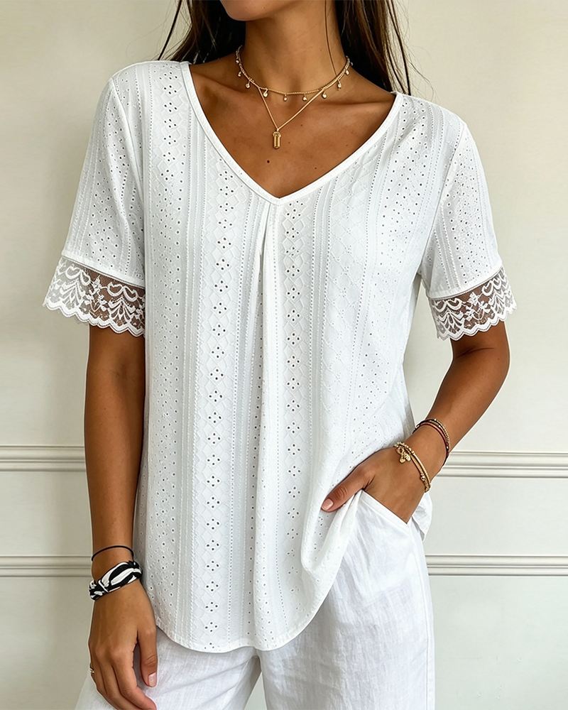 V-Neck Hollow Lace Splicing Blouse