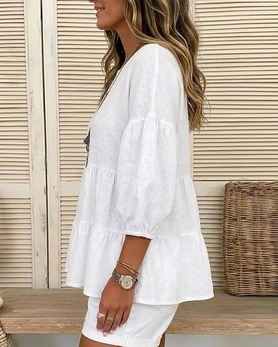 Crew Neck Baby Doll Lantern Medium Sleeve Blouse