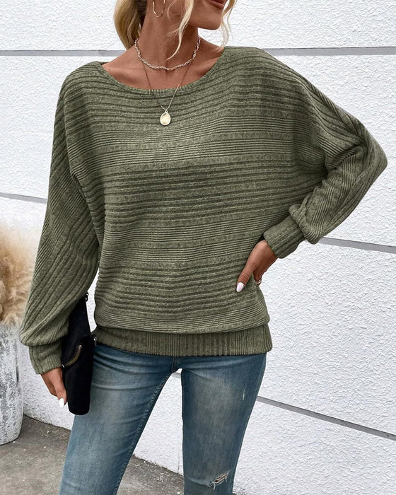 Solid Color Round Neck Long Sleeve Striped Top