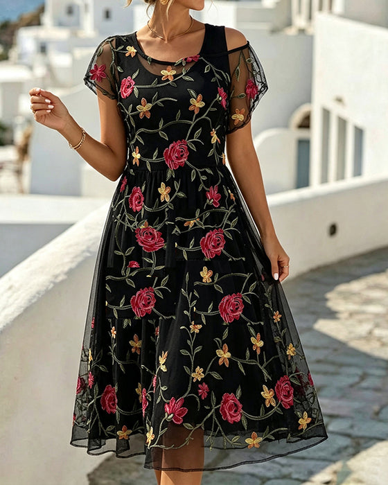 Floral-Print Crew Neck Sheer A-Line Dress
