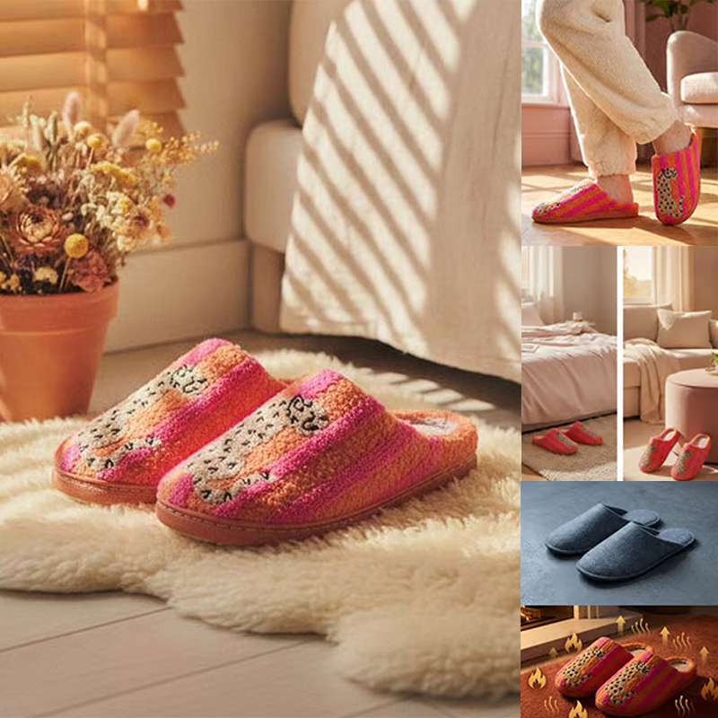 Women’s Retro Striped & Leopard Fuzzy Slippers