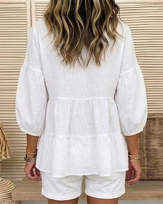 Crew Neck Baby Doll Lantern Medium Sleeve Blouse