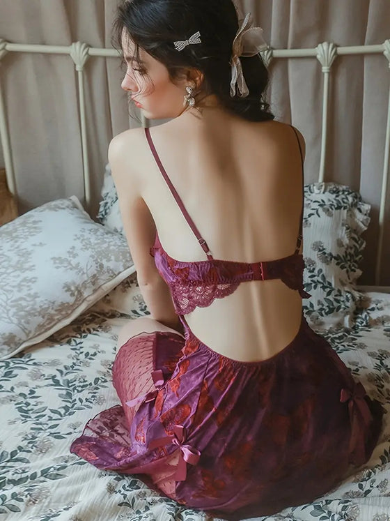 Women's Slim Fit Low V Lace-Up Butterfly Print Camisole Nightgown with Bralette and Backless Loungewear Set